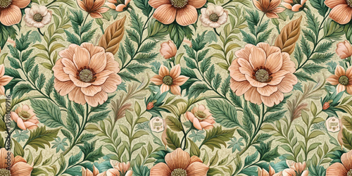 Beautiful floral pattern featuring soft peach flowers and lush greenery.
