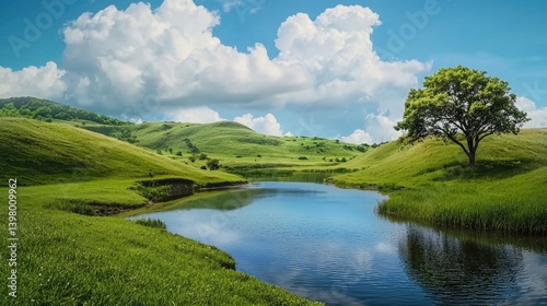 A breathtaking panoramic view of a tranquil lake, surrounded by lush green hills and moving clouds.