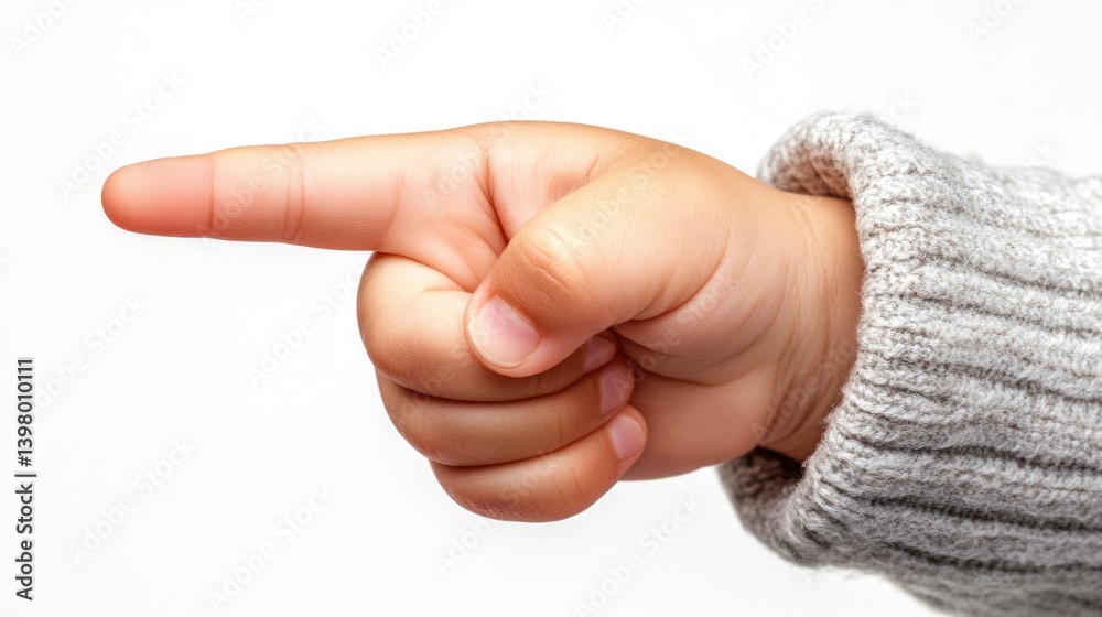 Closeup of a child hand pointing or touching isolated on white background