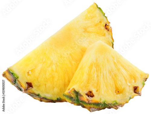 Pineapple slice isolated png. Pineapple on transparent background. Cut pineapple no background. Pineapple half of slice and piece on transparent png. Full depth of field.