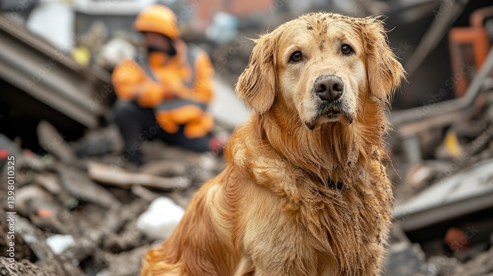 golden retriever rescue dog amidst ruined buldings, searching for survivors under collapsed buildings after earthquake disaster.