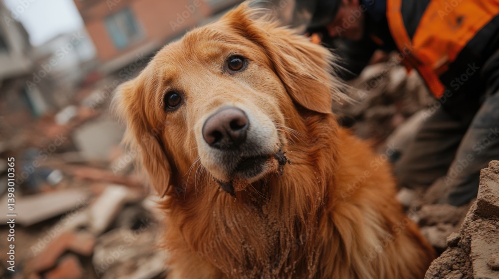 golden retriever rescue dog amidst ruined buldings, searching for survivors under collapsed buildings after earthquake disaster.