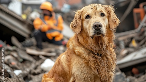 Obraz na płótnie golden retriever rescue dog amidst ruined buldings, searching for survivors under collapsed buildings after earthquake disaster. w salonie