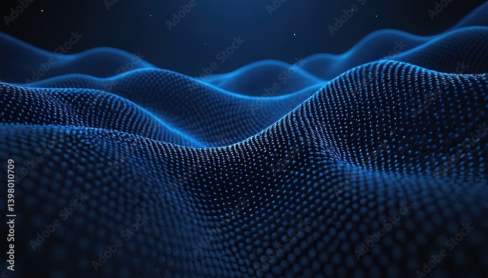 Digital Blue Waves: An abstract representation of undulating waves in a digital realm, showcasing a field of countless blue spheres creating a mesmerizing pattern of motion and depth. Digital Blue Waves: An abstract representation of undulating waves in a digital realm, showcasing a field of countless blue spheres creating a mesmerizing pattern of motion and depth.