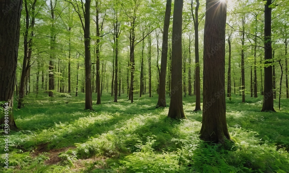 Fototapeta premium Sunlight Filtering Through Tall Trees in a Dense Forest Environment