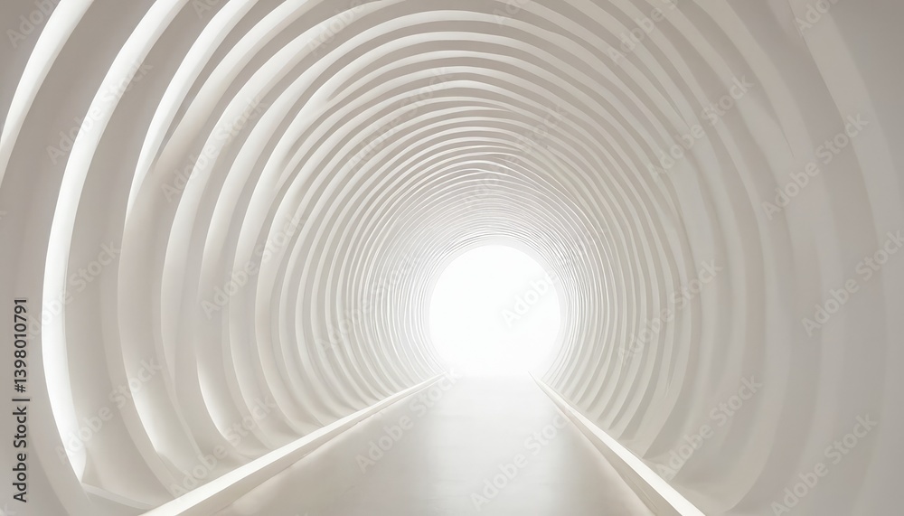 Naklejka premium Abstract Tunnel of Light: An ethereal tunnel, composed of concentric white arches, creates an abstract composition of hope and possibility, as a bright light at the end illuminates the path forward.