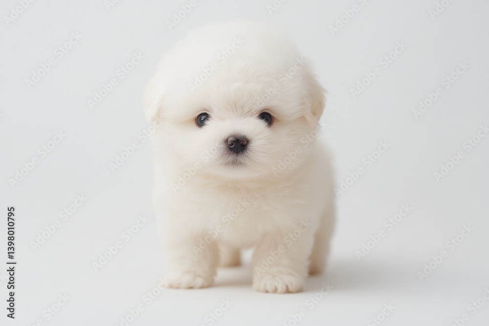 White fluffy puppy standing, on plain background, for pet adoption, animal care, and cuteness White fluffy puppy standing, on plain background, for pet adoption, animal care, and cuteness