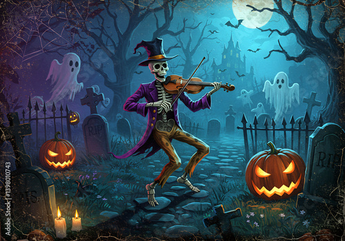 Dancing Skeleton Playing Violin in Halloween Graveyard Pixel Art