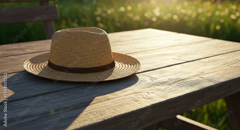 Straw hat on a wooden table, tranquil, sunlit outdoor background
Straw hat on a wooden table, tranquil, sunlit outdoor background