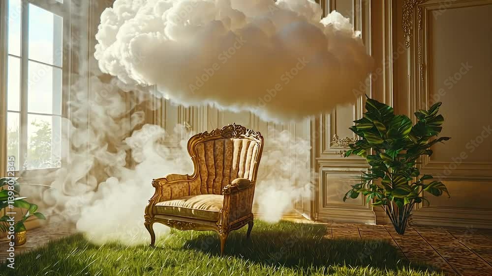 Ornate chair in a sunlit room, enveloped in a cloud & fog, sitting on a patch of grass