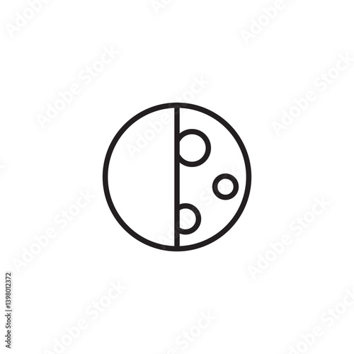 A simple line drawing of a half-illuminated moon (first or last quarter) with three circular craters visible on the lit side. A vertical line divides the dark and light portions.