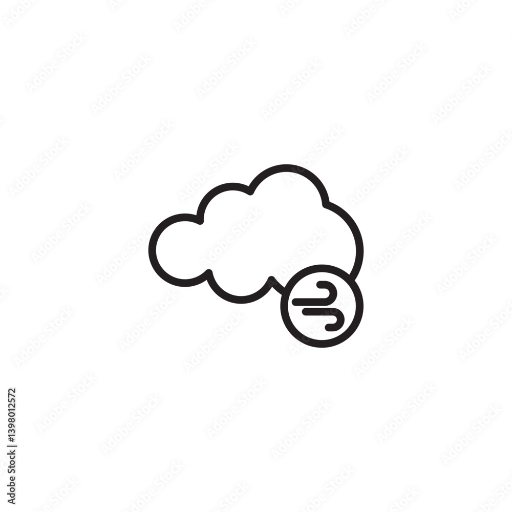 A simple line drawing shows a fluffy cloud. A circle containing curved lines, indicating wind, is positioned near the bottom right of the cloud. Represents windy and cloudy weather. A simple line drawing shows a fluffy cloud. A circle containing curved lines, indicating wind, is positioned near the bottom right of the cloud. Represents windy and cloudy weather.