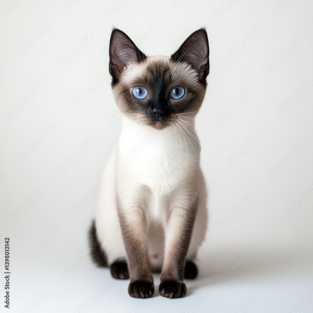 Fototapeta premium Studio shot of Siamese kitten sitting, white background. Pet portrait for adoption or website
