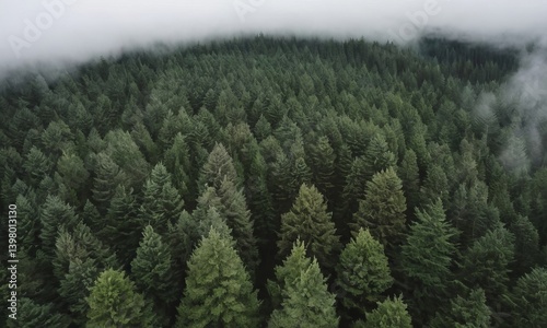 Aerial View of Dense Evergreen Forest with Misty Cloud Cover in Serenity