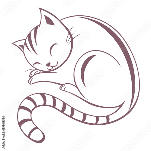 Illustrated Striped Cat Curled Up, Lying Down, Eyes Closed, Happy, Minimalist Style