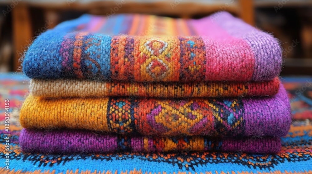 Colorful textile fabric with traditional South American pattern, showcasing craftsmanship and detail Colorful textile fabric with traditional South American pattern, showcasing craftsmanship and detail
