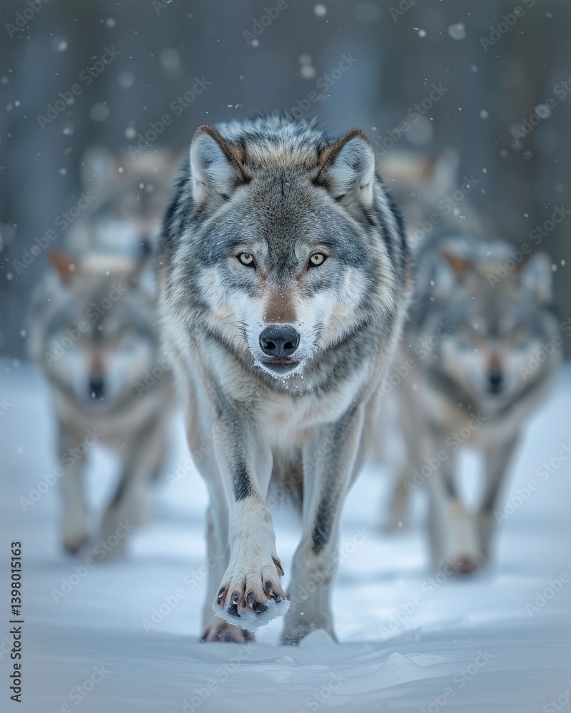 Naklejka premium A pack of wolves confidently strides through a snowy forest, showcasing their strength and unity