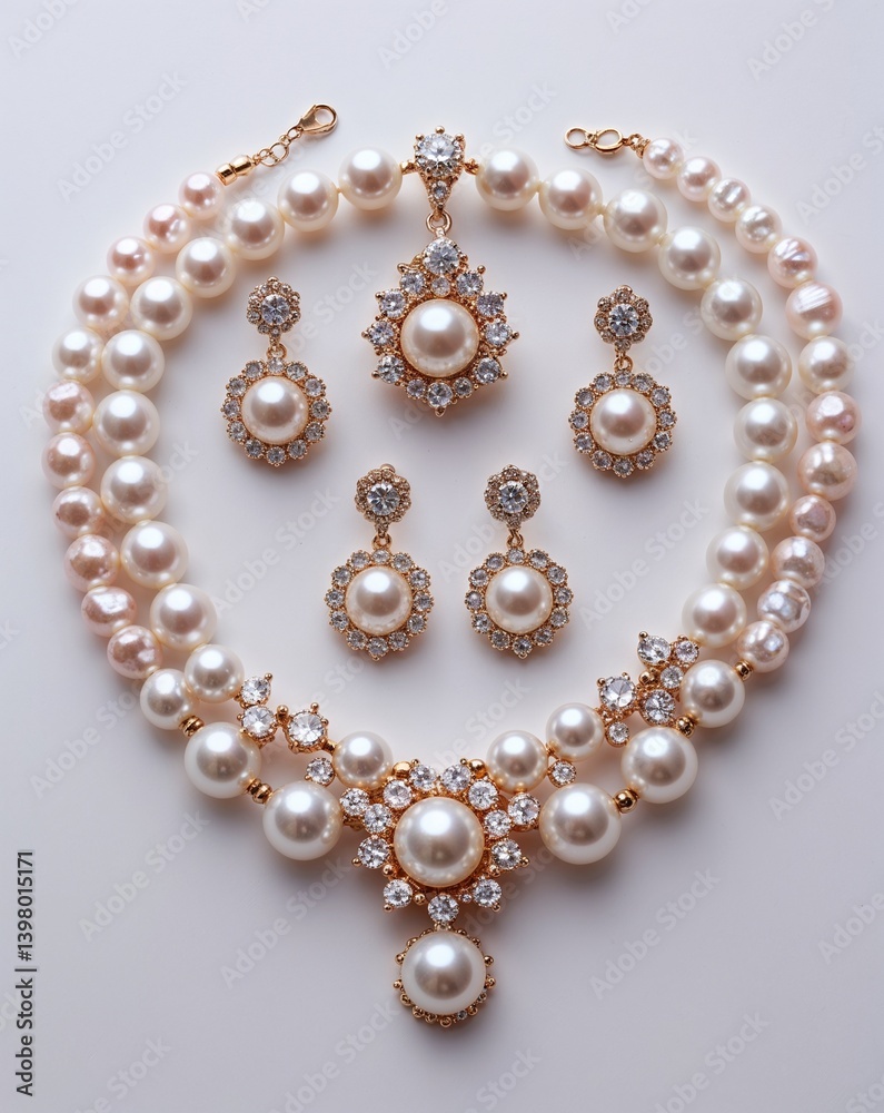 A pearl and rhinestone wedding jewelry jewelry set in plain white background A pearl and rhinestone wedding jewelry jewelry set in plain white background