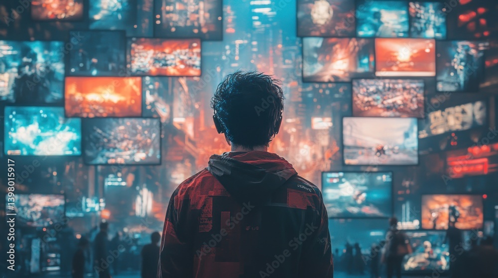 immersive experience of a person captivated by a wall of vibrant screens displaying dynamic content reflecting a modern technological landscape immersive experience of a person captivated by a wall of vibrant screens displaying dynamic content reflecting a modern technological landscape