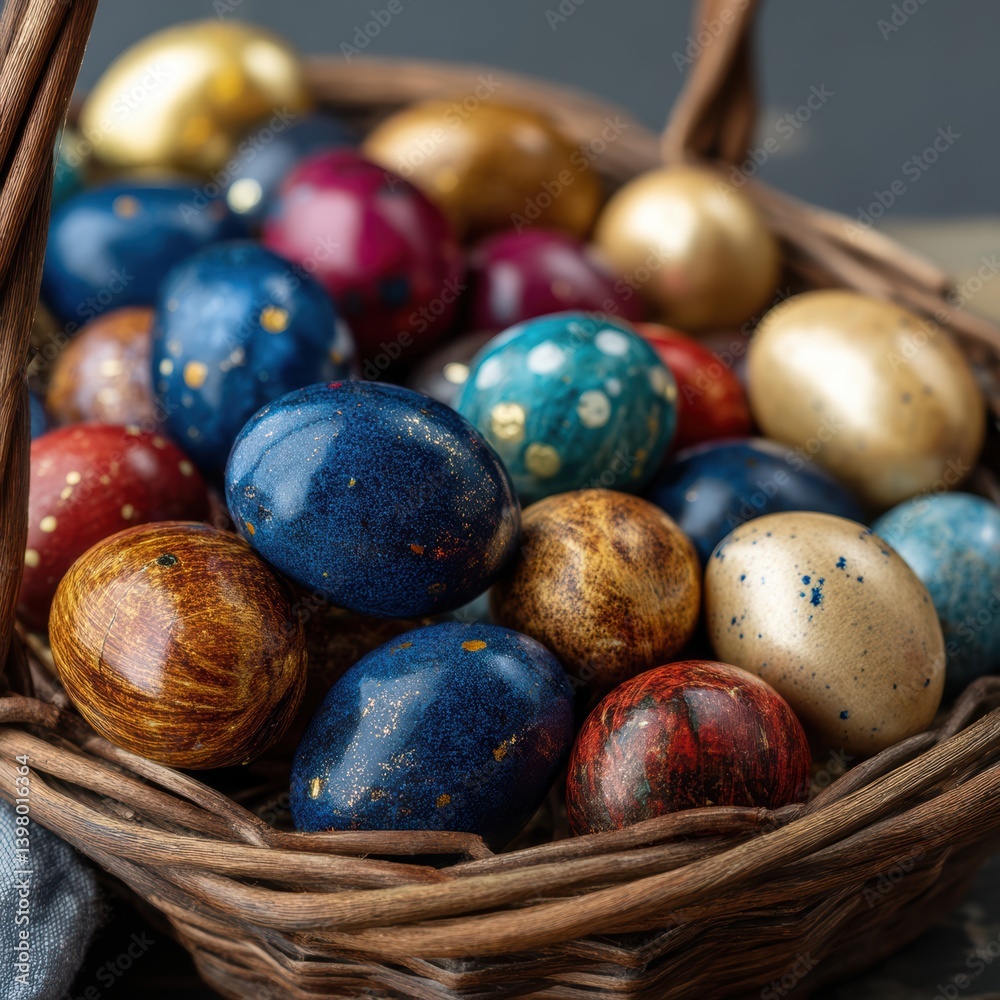 A vibrant basket overflowing with a variety of colorful Easter eggs. A vibrant basket overflowing with a variety of colorful Easter eggs.