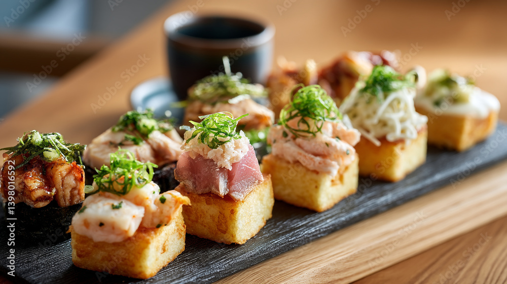 Delicious japanese sushi food platter with tuna shrimp and other seafood toppings on a dark plate Delicious japanese sushi food platter with tuna shrimp and other seafood toppings on a dark plate