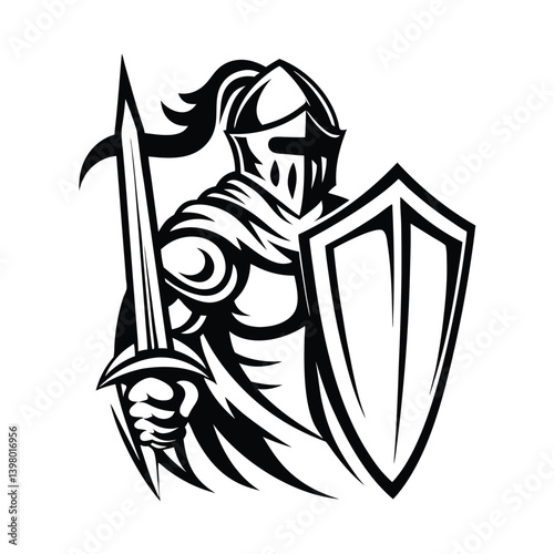 Medieval Knight in Armor Holds Sword and Shield, Isolated Black and White
