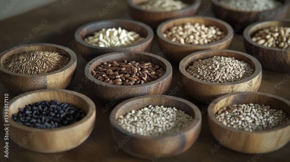Various raw grains and seeds arranged in a rustic setting. Various raw grains and seeds arranged in a rustic setting.