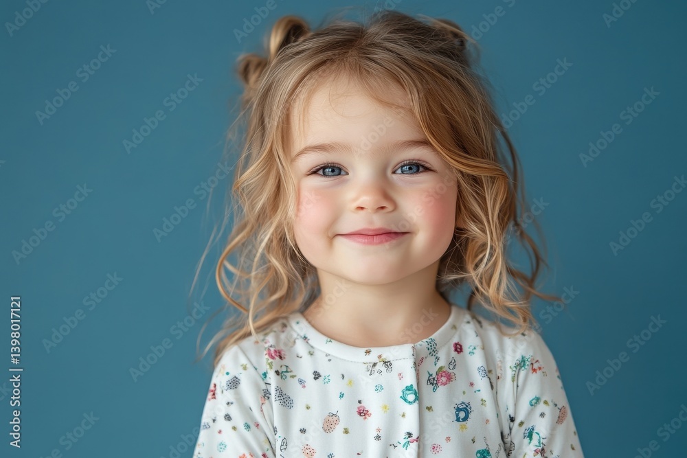 Portrait of a cute little girl with blonde curly hair smiling against a blue studio background look Portrait of a cute little girl with blonde curly hair smiling against a blue studio background look