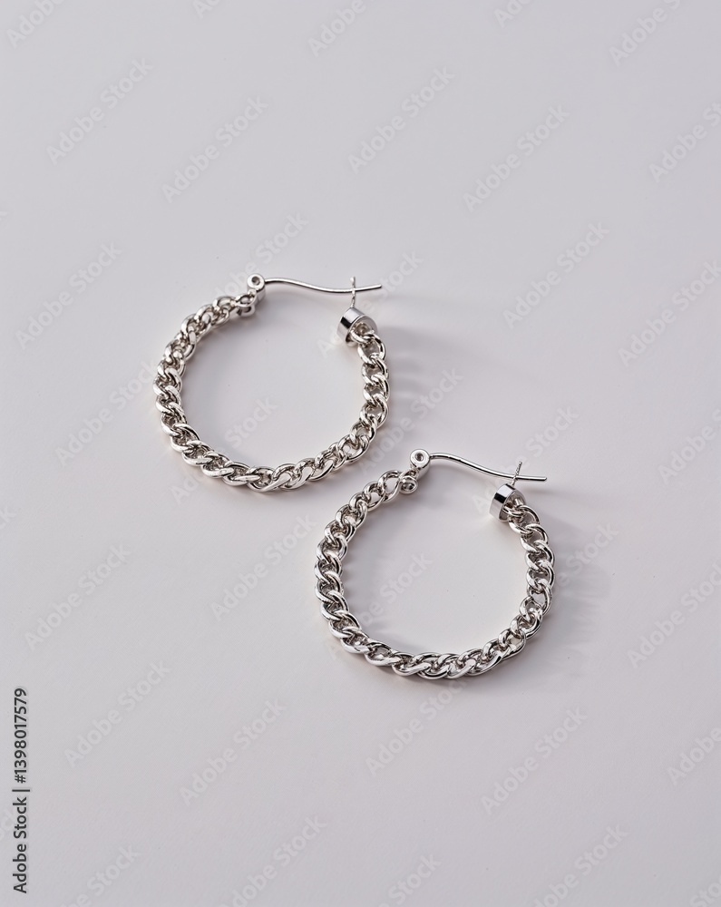 A silver chain and hoop earrings jewelry set in plain white background A silver chain and hoop earrings jewelry set in plain white background