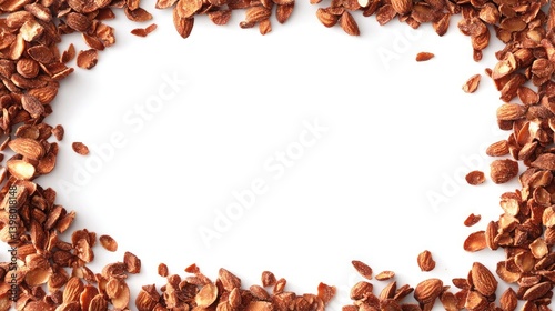 Almonds Scatter Across a White Background, Creating a Natural Frame with Nutritious Seeds and Earthy Tones