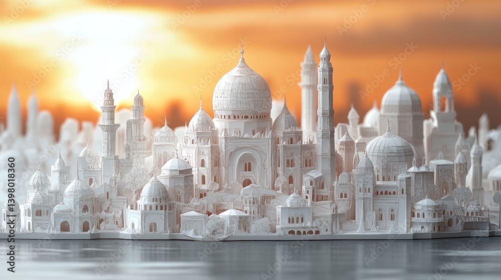 Obraz premium exquisite miniature papercraft city showcasing islamic architecture against a warm sunset backdrop evoking dreamlike serenity and cultural appreciation