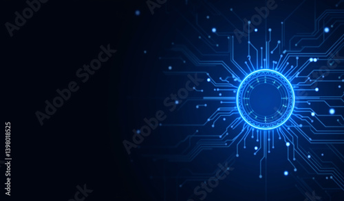 Bright blue abstract design with glowing stars and light in space.