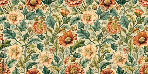 Intricate floral pattern featuring orange and green hues on a light background.