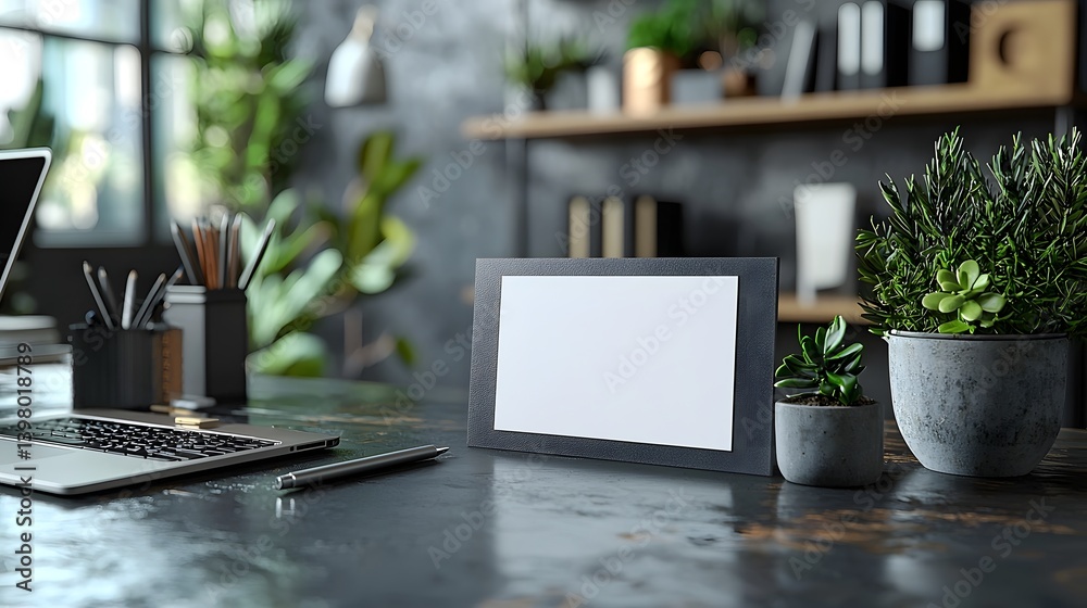 A blank notecard rests on a modern desk with a laptop and plants long title A simple yet stylish desk setup featuring a blank white notecard a