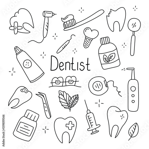 Dentistry set doodle illustration. Isolated on white background