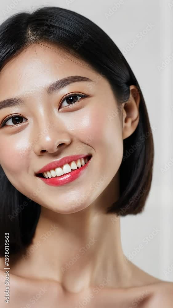 Close up portrait of a cheerfully smiling woman with dark bob cut and bright red lipstick against a minimalist background Close up portrait of a cheerfully smiling woman with dark bob cut and bright red lipstick against a minimalist background