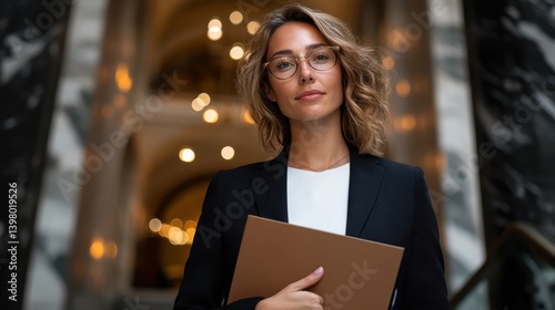 A sophisticated woman stands confidently in a beautifully decorated interior, holding documents with a subtle smile, exuding professionalism and elegance in her demeanor. photo