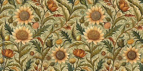 Vintage floral pattern featuring sunflowers and intricate green foliage.