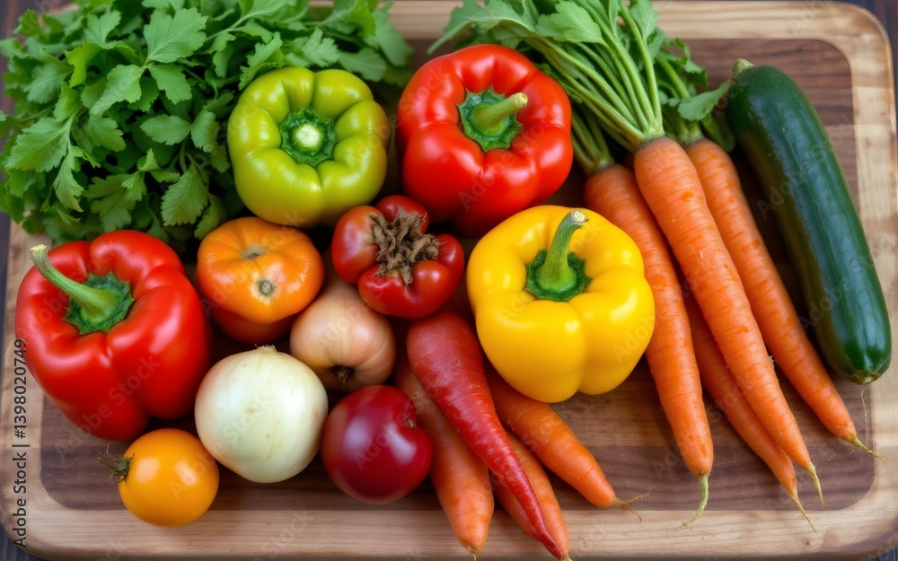 A vibrant array of fresh vegetables including peppers, carrots, tomatoes, and herbs on a wooden cutting board A vibrant array of fresh vegetables including peppers, carrots, tomatoes, and herbs on a wooden cutting board