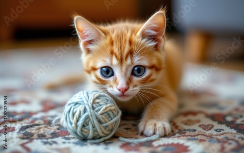 A playful orange and white kitten with blue eyes curiously looks at a ball of yarn on a patterned carpet