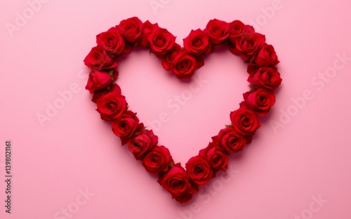 A heart shape made of red roses arranged on a soft pink background creating a romantic and elegant display