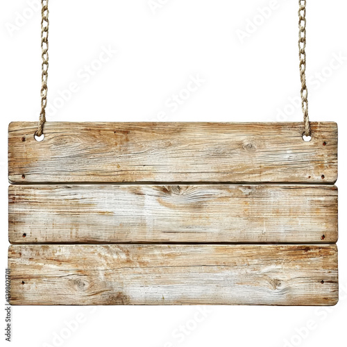 rustic wooden sign hangs from two ropes, showcasing weathered texture and natural wood grain. sign simple design evokes sense of nostalgia and charm