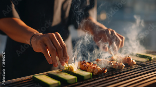 Delicious grilled chicken and zucchini skewers being prepared on a hot barbecue grill outdoors