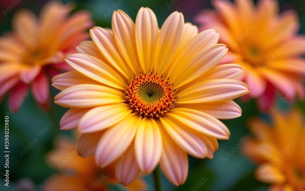 A close-up view of a vibrant yellow flower with petals radiating warmth, surrounded by soft-focus blooms A close-up view of a vibrant yellow flower with petals radiating warmth, surrounded by soft-focus blooms