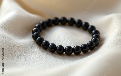 A close-up view of a black beaded bracelet resting on soft, cream-colored fabric