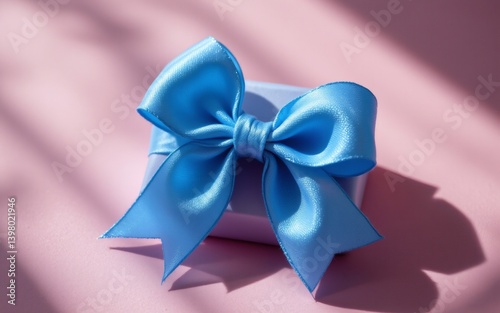 A beautifully wrapped gift box with a shiny blue bow, resting on a soft pink surface