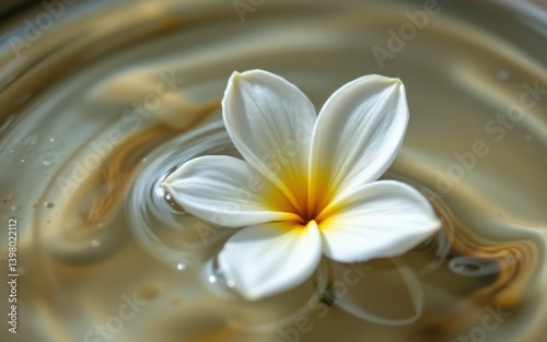 A serene white flower with yellow accents floating on the surface of water, creating gentle ripples