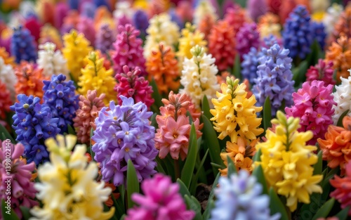 A vibrant display of colorful hyacinth flowers blooming in a garden, showcasing a variety of hues and textures