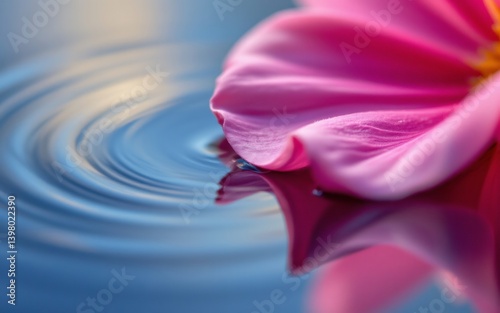 A close-up view of a pink flower petal resting on water, creating gentle ripples and a serene reflection