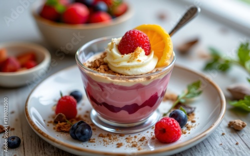 A delicious layered dessert featuring cream, fruit compote, and topped with fresh berries and a slice of fruit